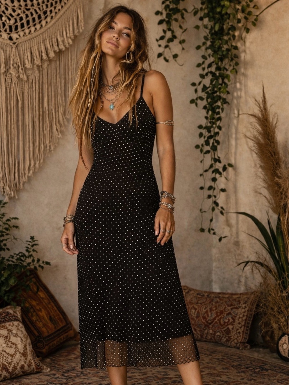 Haute Hippie Style Black Rhinestone Mesh Maxi Dress – Size Small – NWT